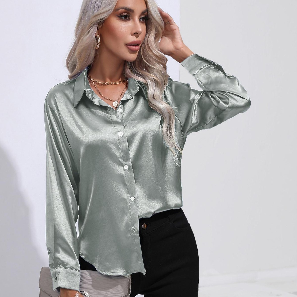 Ladies Silky Shirt Shiny Satin Top Blouse Long Sleeve Office
