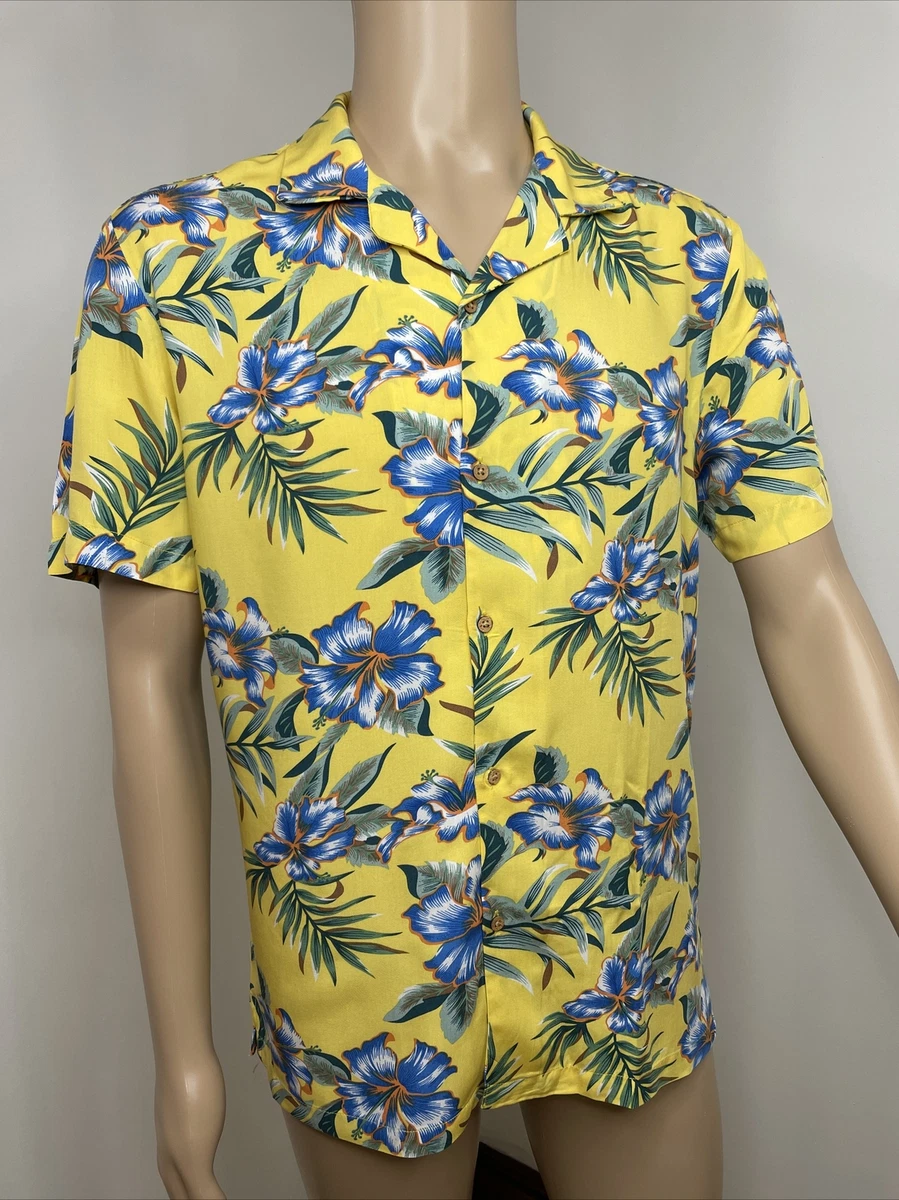 Denim Flower Men s Tropical Shirt M Button Down Short Sleeves Yellow Floral