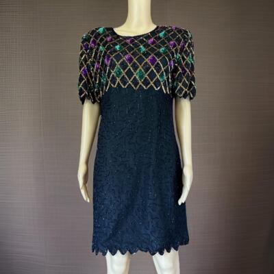 Vtg Dress Black Beaded Sequin Purple Green Gold Silk Scalloped Party M/L |  eBay