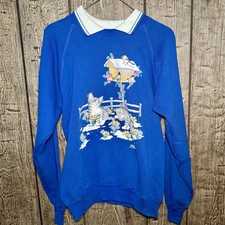 Vintage Morning Sun Cat Sweatshirt Large USA Blue Birdhouse Kitty Pullover 1991