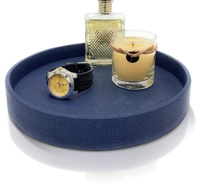 BRANDLOUIE 11 in Round Vanity Tray,Shagreen Faux Leather,Decorative Tray Navy B.