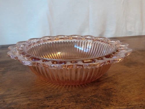 Anchor Hocking Pink Depression Glass Vintage Round Bowl w/ Open Lace Border 9.5"