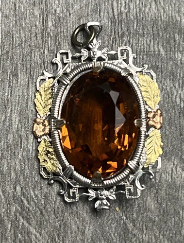 Filigree Necklace Pendant Oval Amber Brown Stone Silver Tone Black Hills Style