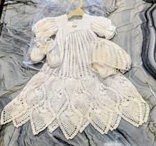 Christening Gown Set  Hand Crochet-1950s - Baptism Dress Bonnet Booties   Mint