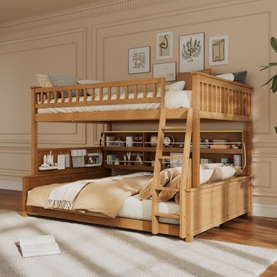 Full XL over Queen Bunk Bed with Integrated Shelving, Color-Changing Lights and