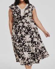 Tahari ASL Women's Black Printed V-Neck Fit-Flare Dress Plus Size 20W