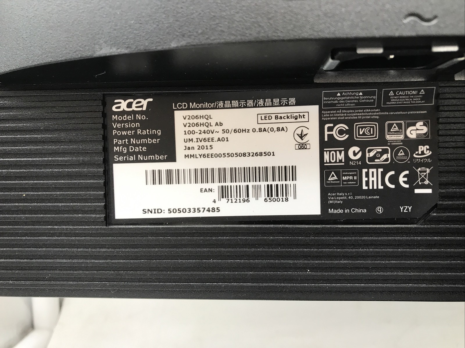 MONITOR ACER LCD PER PC MOD: V206HQL, 20", PERFETTAMENTE FUNZIONANTE foto 5