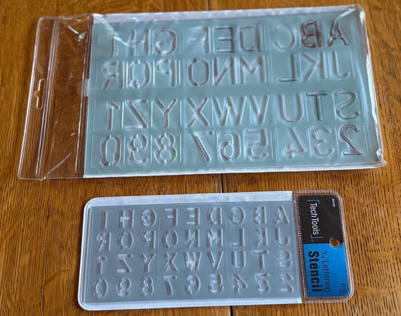 SET OF 2  TECH TOOLS PLASTIC LETTERS & NUMBERS STENCILS-9/16" & 1"
