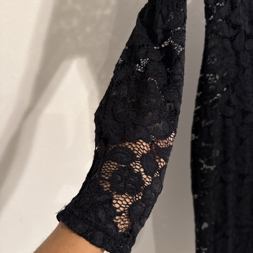 Steve Madden Sheer Black Floral Lace Mock-Neck Long Sleeve Dress w ...