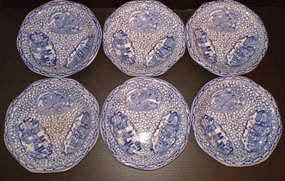 WILLIAM ADAMS BLUE & WHITE CHINESE BIRD SET OF 6-4.75'' Dia 1'' Tall DISHES c.1913