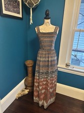 Vintage Metallic Geometric Smocked Square Neck Sleeveless Maxi Dress 
