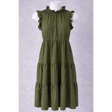 Olive Green Ruffle High Neck Tiered Sleeveless Mini Dress Summer Casual Boho