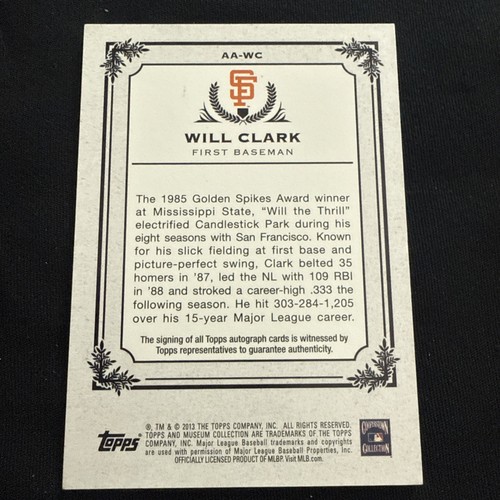 2013 Topps Museum Collection Archival Auto /399 Will Clark #AA-WC Auto - Picture 2 of 2