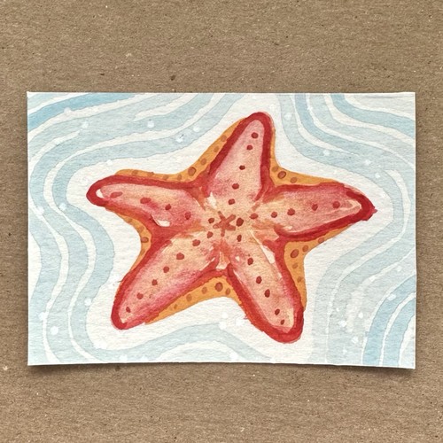 ACEO Original Ocean Marine Animal Starfish Orange Blue Watercolor, By Em