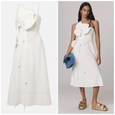 FARM RIO Linen Blend White Garden Appliqué 3D Flower Midi Dress Medium NWT