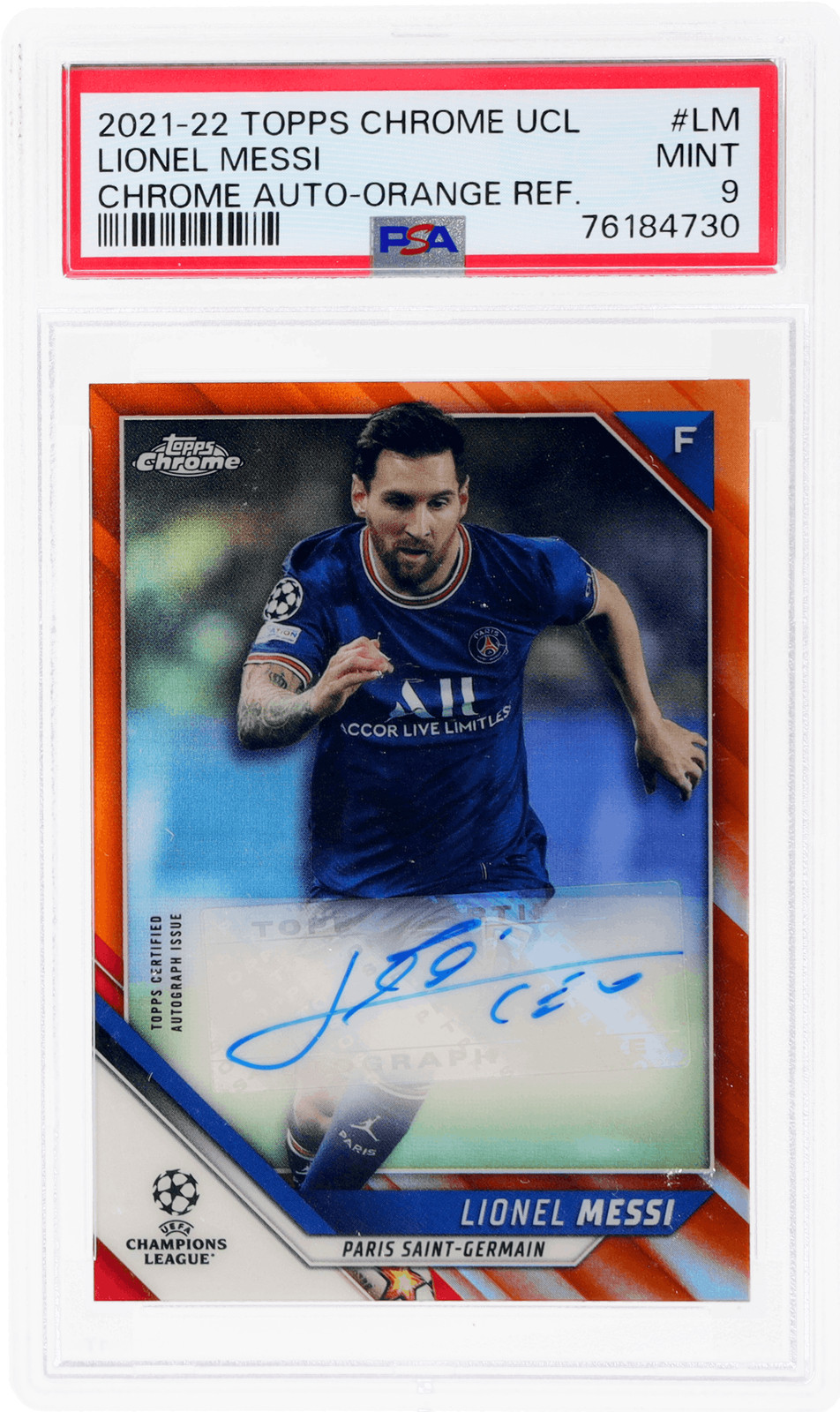 2021 Topps Chrome UCL Lionel Messi Auto Orange Refractor #CALM /25 PSA 9