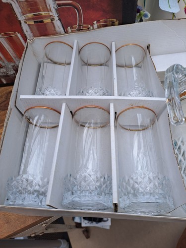 Vintage Boxed 7 Piece Pitcher + 6 Glasses By Golden Entertainer Original Box - Picture 5 of 13