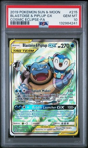Blastoise & Piplup GX #215/236 - 2019 Pokemon Sun & Moon - Cosmic Eclipse PSA 10