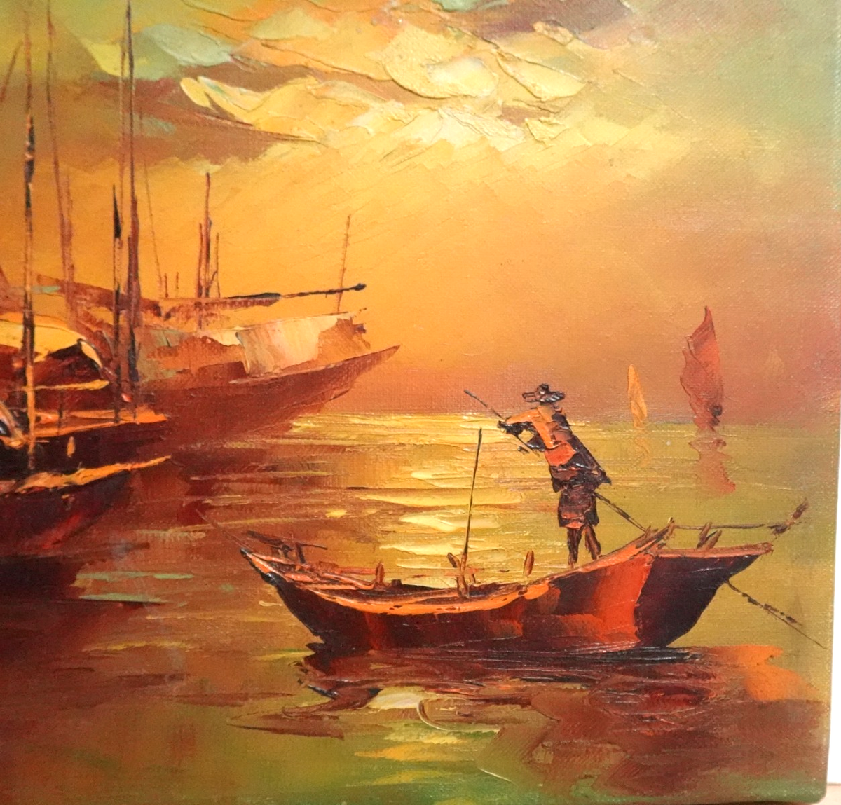 水墨画　「観光船」 S T YOUNG CHINESE FISHING BOATS SUNSET ORIGINAL OIL ON CANVAS