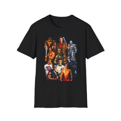 Retro Action Hero Collage Arnold Schwarzenegger T-Shirt | 90s Movie Characters