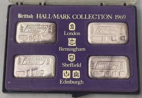 100g Silver Ingot Set - Engelhard-London, 1969 British Hall-Marks 4 Bars Total