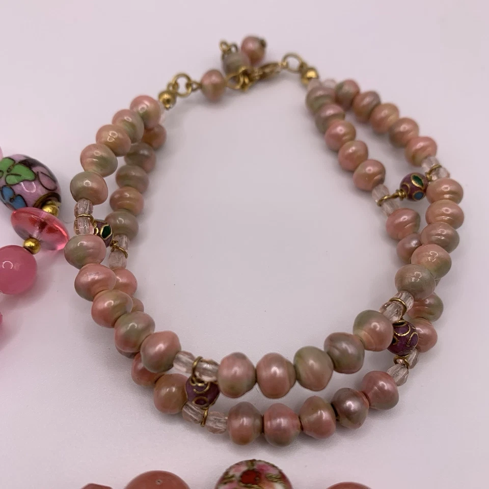 Lote de cuatro pulseras con cuentas rosa púrpura cadena elástica ajuste perla cloisonné Foto 4 de 4