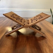Shesham Wood Sarna India Bible Book Cookbook Holder Folding Stand Hand Carved