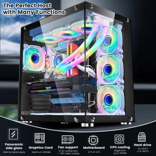 ATX Gaming PC Case, 270° Full View Seamless Tempered Glass Front & Side Panels - Picture 5 of 7