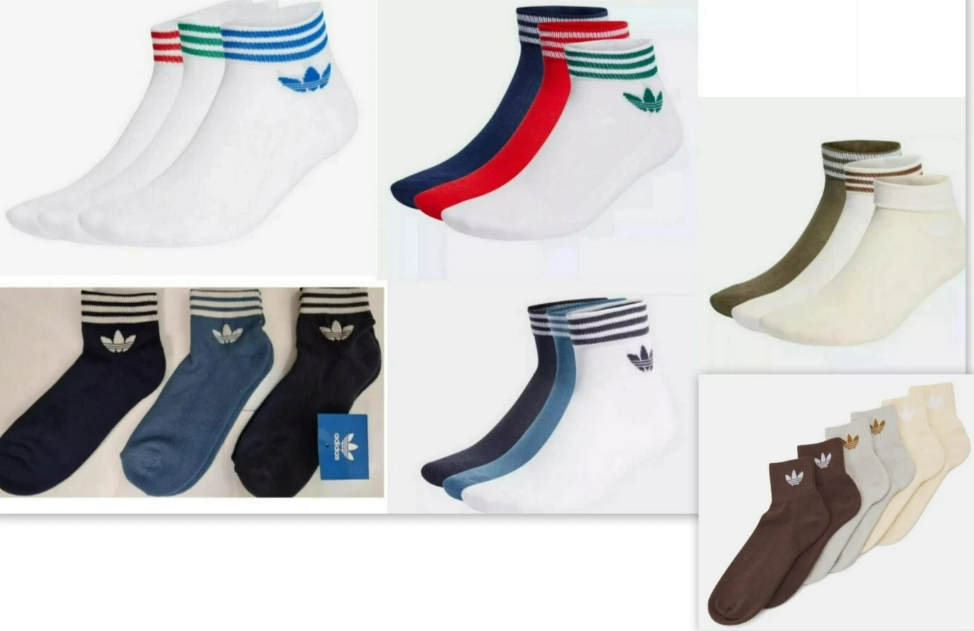 3 Pairs Unisex Adidas Original colour Multi Trefoil Ankle Quarter Sock -5-8-8-11