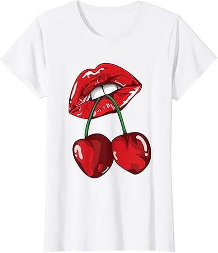 Womens Round Neck Lips Cherry Print Baggy T-Shirt Top Short Sleeve Vintage Tees - Picture 4 of 6