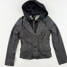 Joe's Jean Denim Blazer Jacket Hooded Zip Front Pockets Black Denim Size M Women