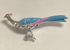 Signed 2" Blue & Pink Enamel Silver Tone Pheasant Brooch Pin