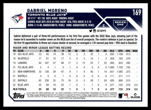 2023 Topps GABRIEL MORENO #169 Toronto Blue Jays Rookie RC - Picture 2 of 2