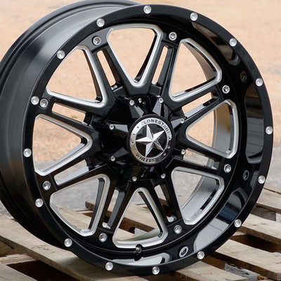 20'' Black Milled Lonestar Outlaw Wheels 20x9 6x139.7 0mm fit GMC Chevy RAM 1500