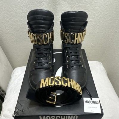 Moschino Black Leather High Top Boots Gold Logo Buckle Men's Size 45 SHOES ONLY