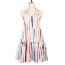 American Eagle Linen Halter Dress L Multi Stripe Smock Spring Wedding Guest Boho