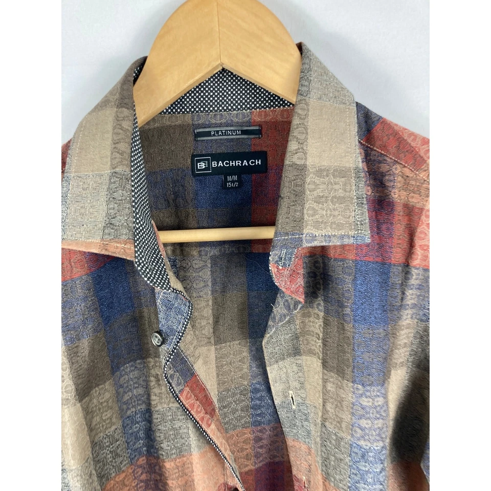 Camisa Bachrach Para Hombres Neutra A Cuadros Abotonada Manga Larga Talla Mediana 15.5 Foto 2 de 4