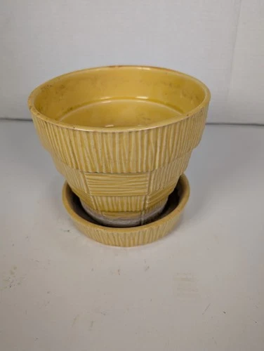 McCoy Pottery Planter Flower Pot Yellow Basketweave Vintage USA With Saucer
