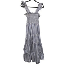 Quince Cotton Smocked Tiered Midi Dress Blue White Stripe S Coastal Cottagecore