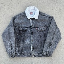 Vintage Black Acid Wash LEVI S Denim Sherpa Jacket USA Made 80 s Trucker Sz L