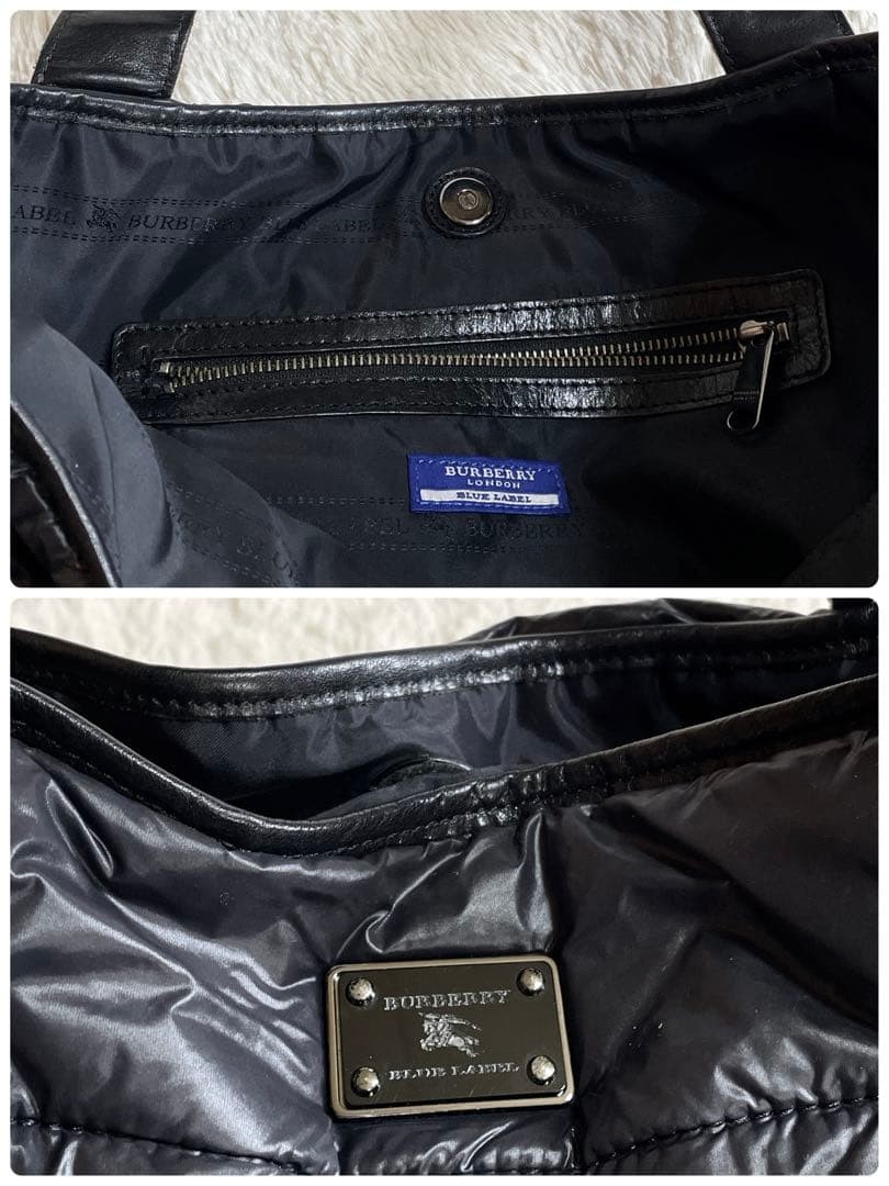 Burberry Blue Label Down Stripe Leather Large Tote Bag Black Handbag New thumbnail 9