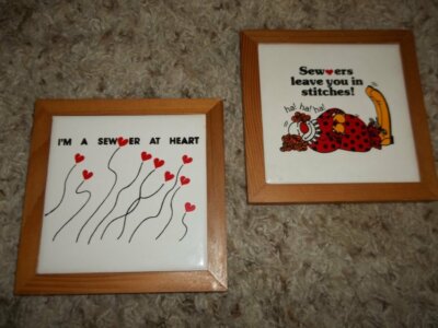 Pair of 2 Sewing Wall Tiles Plaques 5 1/2'' Excellent