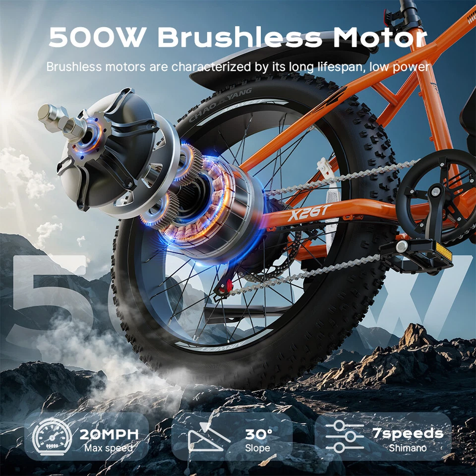 AIRWEST 26" Fat Tire 48V Batería 25MPH 60 millas 7 velocidades, bicicleta eléctrica de montaña para adultos Foto 3 de 4