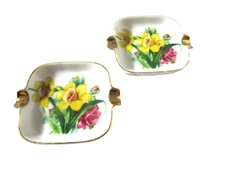 Vintage Yellow Pink Floral Gilded Porcelain Ashtrays D-380 Set of 2
