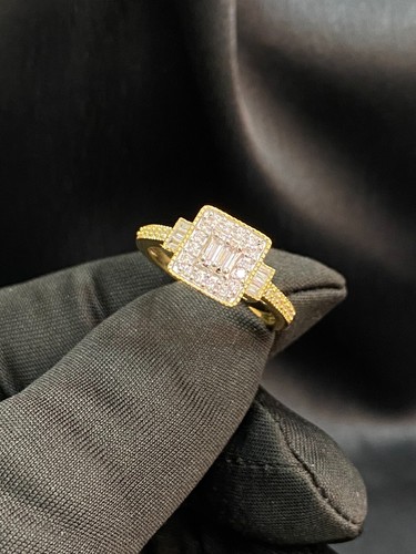 Pave 0,70 Cts Rotondo Baguette Naturale Diamanti Fidanzamento Anello In 14K Oro - Foto 6 di 9