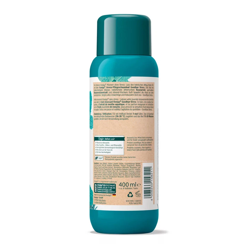 Espuma de baño vegana Kneipp Goodbye Stress con aceite relajante de menta 8x400 ml Foto 3 de 3