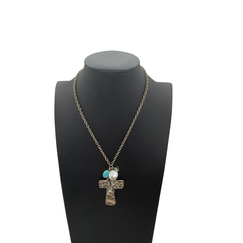 Fleur de Lis Cross Necklace Nola Style New Orleans Style Mixed Metals "Stones" - Picture 2 of 9