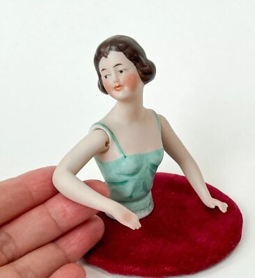 Jointed Lady Half Doll Woman Pin Cushion Figurine Porcelain Vtg Art Deco German