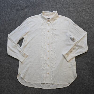 Pilcro Top Womens Size Medium White Linen Ruffle Front Button Up Capsule Anthro