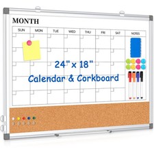 Monthly Calendar Whiteboard Dry Erase Cork Board Combo for Wall, 24" x 18" Do...